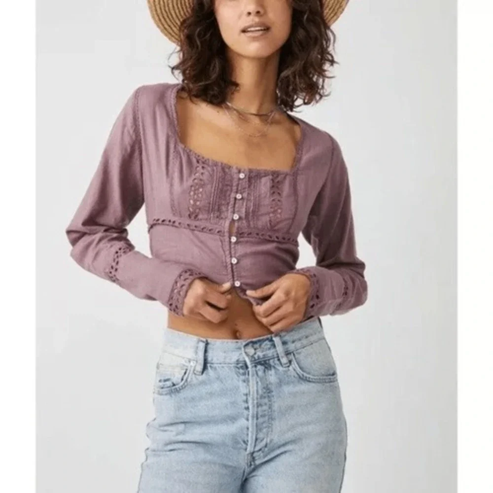 FREE PEOPLE Joi Purple Cropped Button Front Top Eyelet Long Sleeve Small‎ New